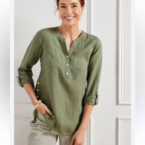 Talbots linen shirt NEW olive green tunic large button detail